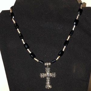 Cross black beaded necklace